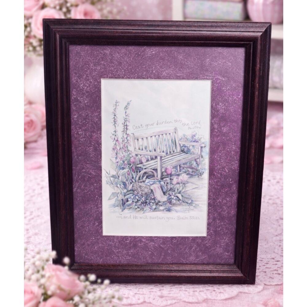 ART Original Watercolor Painting Bench Religious Framed Gretchen Clasby Psalm 55